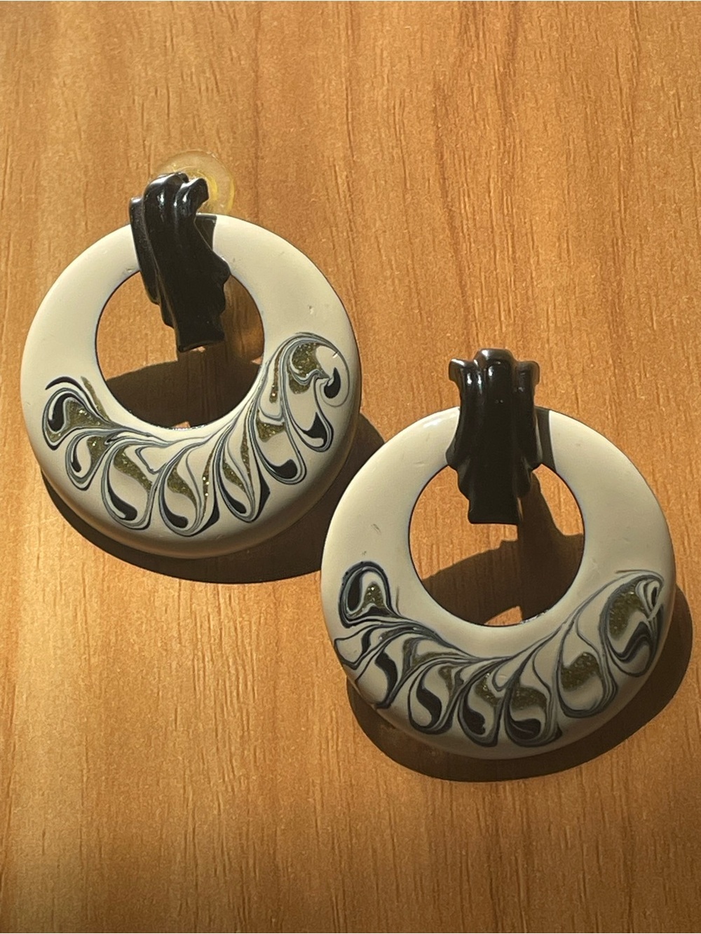 Cream and Black Swirl Hoop Earrings
